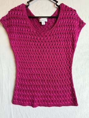 Coldwater Creek Magenta Cap Sleeve Open Knit V-Neck Top